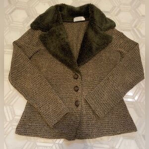 Vintage Green Faux Fur Collar Button Front Knit Cardigan Jacket Khaki Brown